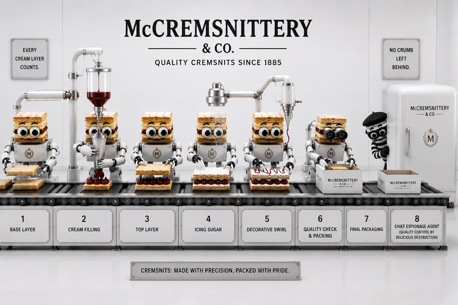 Automated cremsnit production line, with Agent Cremsnittery peeping around the refrigerator.